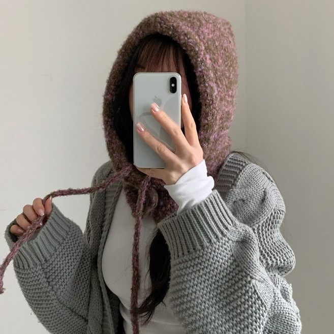어나더뷰 2940 [6컬러/소두핏] 미닝 버튼 니트 바라클라바 보카시 스트랩 후드 넥워머 귀도리 라벨 겨울 단추 모자