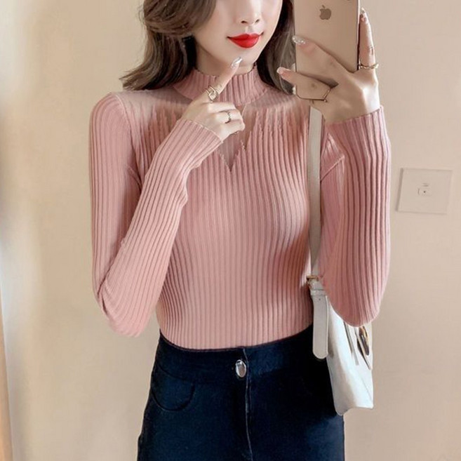 TKX 반목니트 여성 섹시한 하이넥 슬림핏 스웨터 배색 세련된 디자인 가을 겨울 KS97