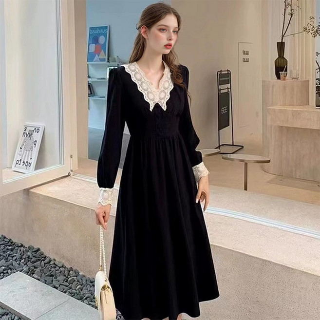 [지앤제이커머스] 브이넥 레이스카라 블랙 헵번 롱원피스 경성의상 교복