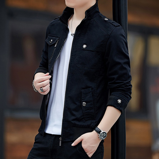 冬季加絨加厚保暖水洗夾克 重磅立領軍裝飛行夾克 多口袋純棉機車外套【台灣現貨】, 秋款-黑色,4XL【80-90KG】