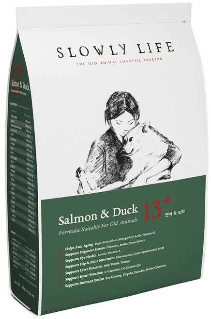 슬로울리라이프 연어 오리 13+ (13세 이상) 노령견 노견 부드러운 소프트 사료, 1개, 1.6kg, 연어+오리
