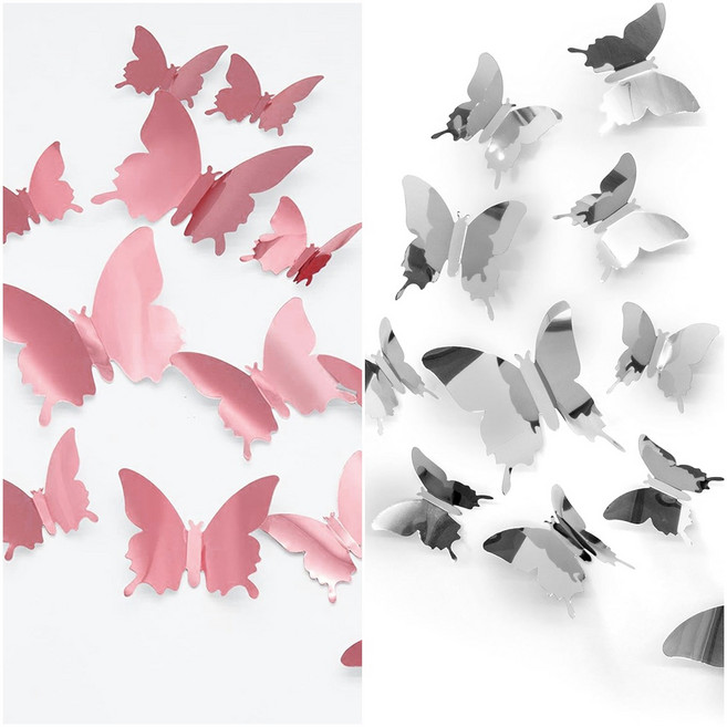 예삐스토어 12p 입체 나비 포인트 벽장식 자석부착 스티커 3d 벽지 데코 아이방, 로즈핑크+실버