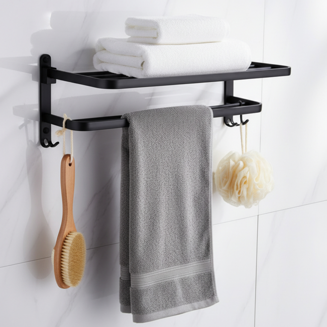 한평한뼘 무타공 고급형 2단 수건 걸이, 1개, 블랙