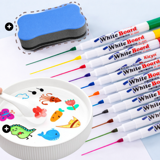 펜토리 물에뜨는 보드마카 워터플로팅 미술놀이 매직펜, 1개, 12색+스푼+자석지우개