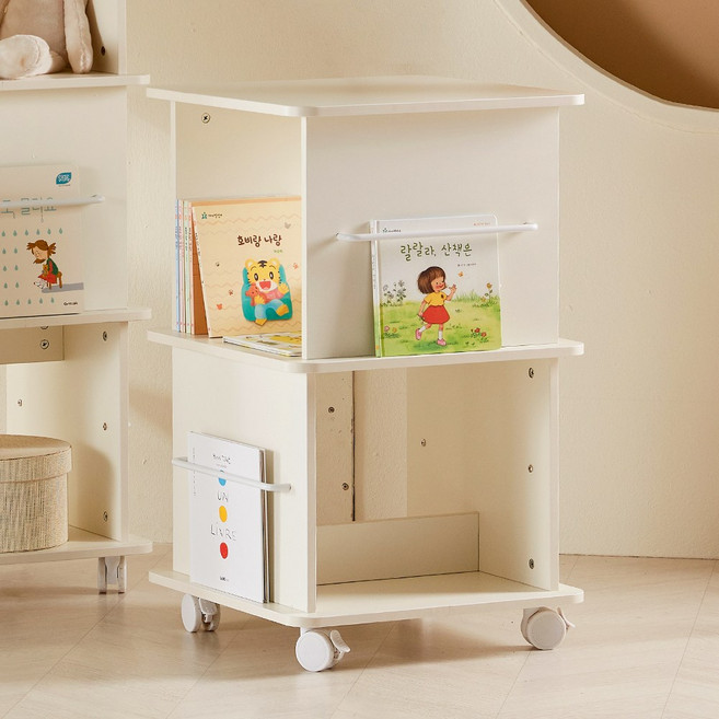 웰퍼니처 미누 2단 이동식 회전 책장 도서 공부방 책 정리 북카트 바퀴 달린 수납 책꽂이, 아이보리