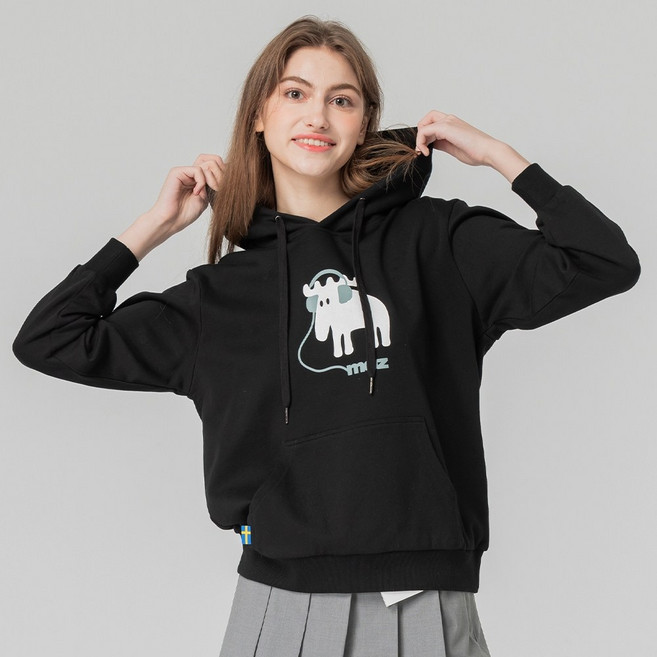 moz SWEDEN B-BOY駝鹿 純棉連帽上衣 黑色 亞洲版 女款 L碼