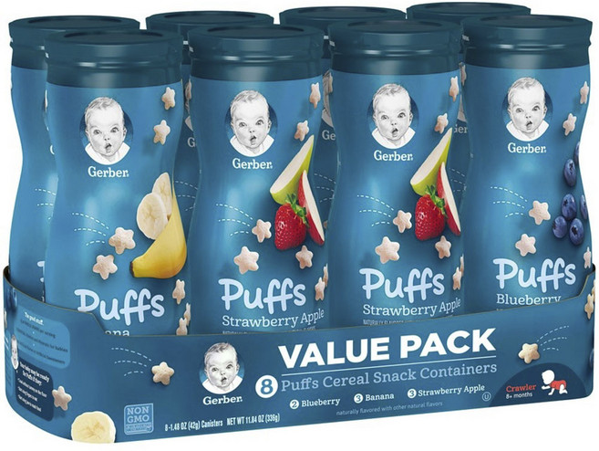 거버 어린이 퍼프 시리얼 스낵 컨테이너 밸류 팩 42g, 블루베리+바나나+딸기+사과, 8개입