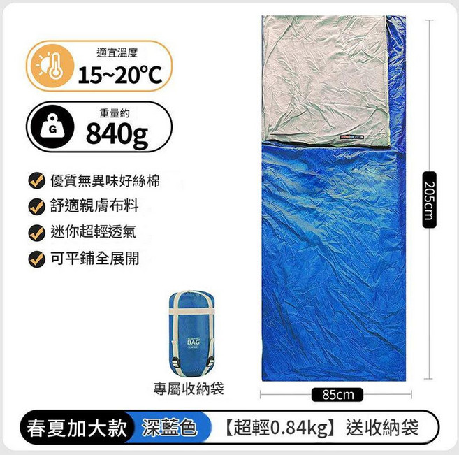 迷你 LW180 睡袋 尼龍材質 舒適溫度 15°C 露營野營適用, 藏青色 840g, 1個
