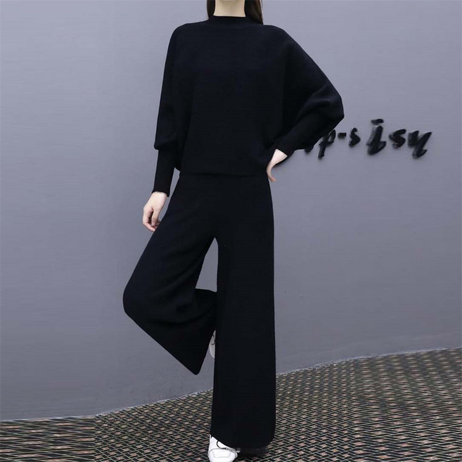 TKX 여성 니트 세트 여유핏 세련된 스타일 빅사이즈 신축성 트렌디 긴팔 넓은 통바지 K35