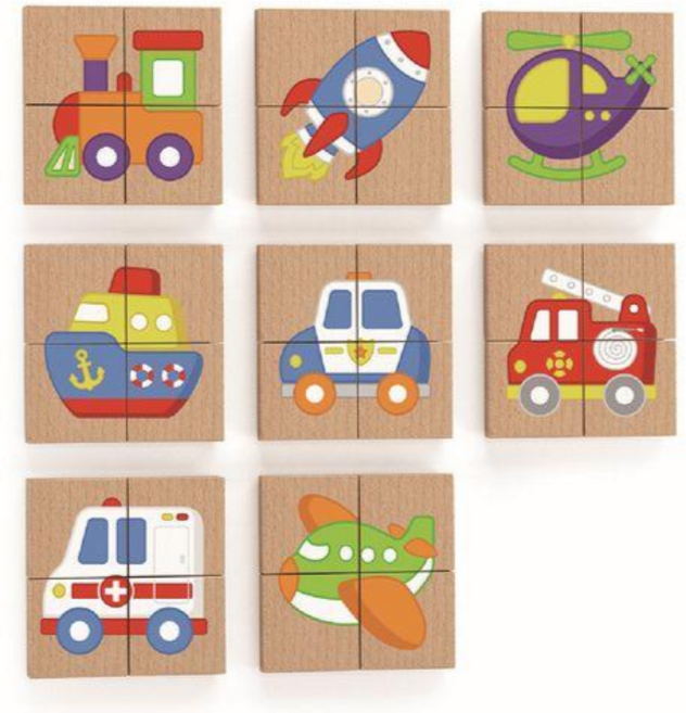 VIGA 비가 자석 블럭 교통 탈것 퍼즐 8세트 32PCS 어린이집 유치원 원목 교구 (소방차 경찰차 헬리콥터 배 기차 비행기 구급차 로케트), 1개