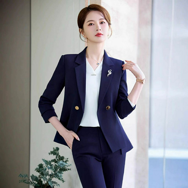 遇見 長袖新款韓版時尚修身女職業西裝套裝工作服OL上班族-有加大尺寸979, 藍色西裝外套,M
