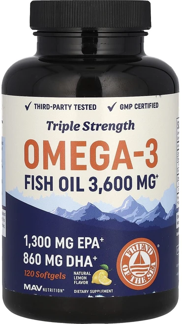 MAV Nutrition 오메가3 피쉬 오일 3배 강도 천연 레몬 맛 소프트젤 120정 - 쿠팡