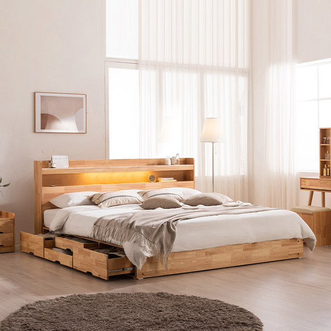 삼익가구 태리 LED 4단 수납 원목 라지킹 침대, 내추럴_라텍스 유로탑 독립 매트 포함