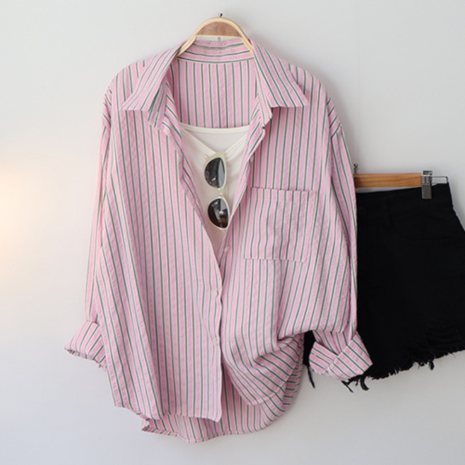 스카이코코 여성 긴팔 남방 드립 스트라이프 셔츠