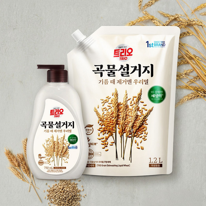 트리오 곡물설거지 우리밀 주방세제 용기 750ml + 리필 1.2L 세트, 1세트