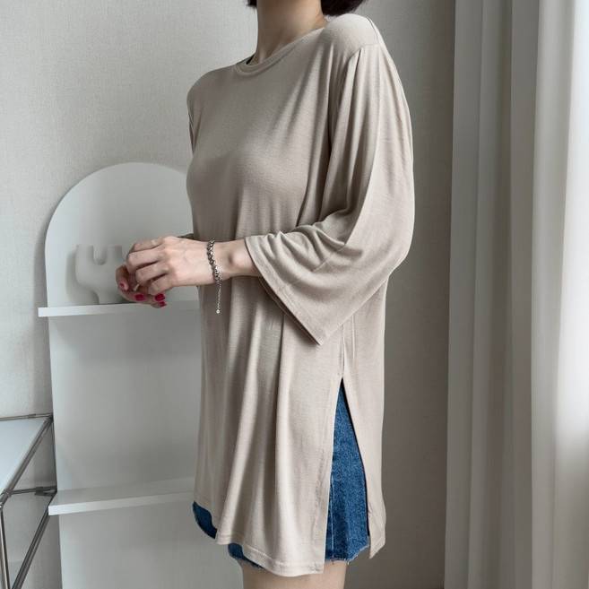 1+1 찰랑찰랑 레이온 스판 나그랑 간절기 7부 롱 옆트임티셔츠