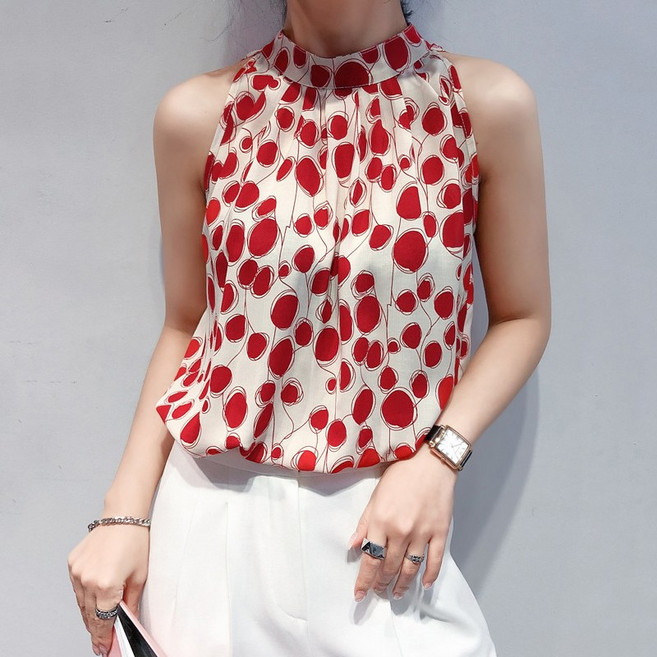 슬림소녀 여성 여름 예쁜 도트 잔꽃 패션 민소매 블라우스