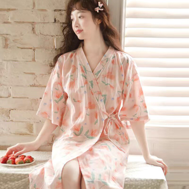 日系和服睡袍 薄款綁帶浴袍 寬袖家居服 夏季短袖睡衣 女