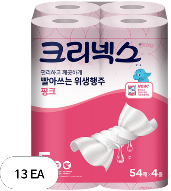 크리넥스 빨아쓰는 위생행주 핑크 54매, 4롤, 13개