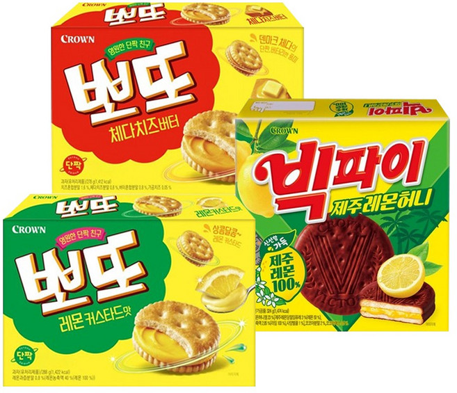 뽀또 체다치즈버터 278g+뽀또 레몬커스터드맛 288g+빅파이 제주레몬허니 324g (총 3개)