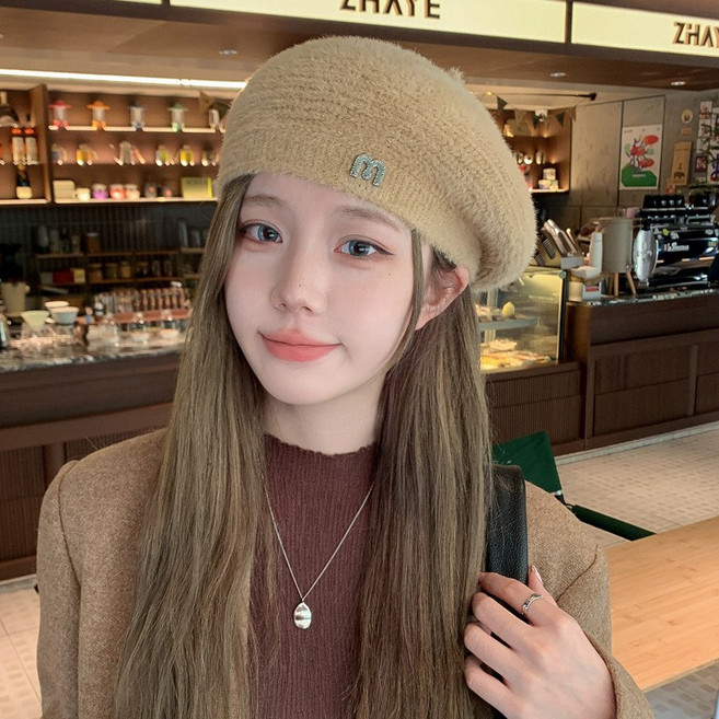 모자 여성용 베레 모자 일본 스타일 단색 두꺼운 화가 모자 겨울 니트 베레 모자 모자 실크 모자 보온 가을 겨울 일본 스타일 베레 모자 두꺼운 베레 모자 보온 모자