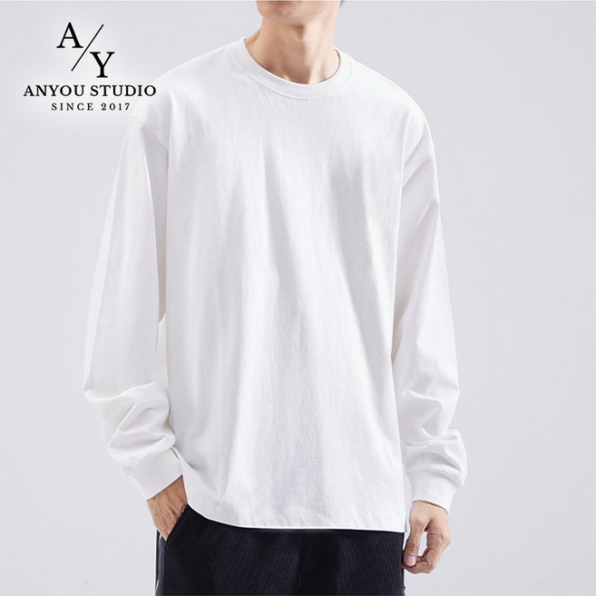 ANYOU 편안한 착용감의 화이트 긴팔 티셔츠 남성용 데일리 및 캐주얼 스타일로 매일 입기 좋은 필수 아이템 순면 긴팔 티셔츠