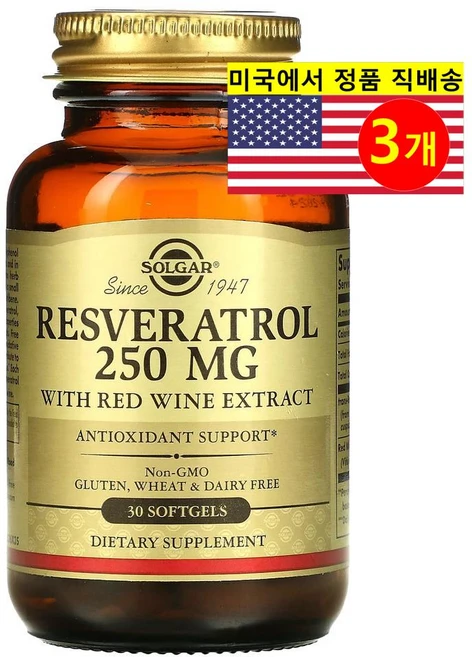 Solgar 레스베라트롤 250mg Resveratrol, 3개, 30정 - 쿠팡