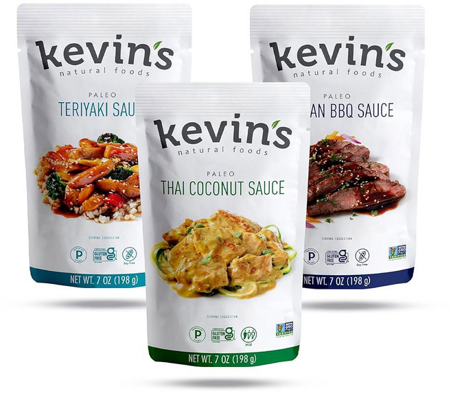 케빈의 천연 꿀 마늘 소스 - 팔레오 시머 볶음 소스 글루텐 프리 방부제 없음 비 GMO 3팩, Teriyaki/Thai Coconut/Korean B, 7 Ounce (Pack of 3)