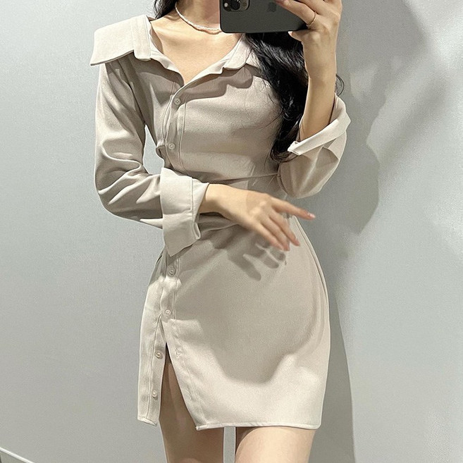 예쁨시전 언발 사선 카라넥 봄가을 버튼 미니 셔츠 랩 원피스