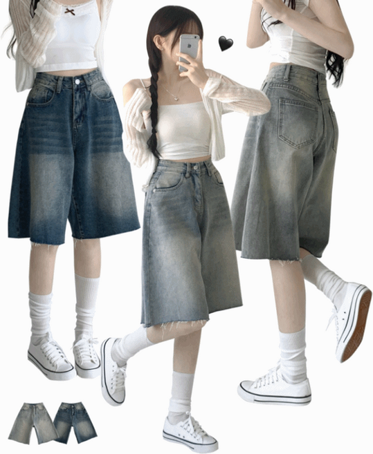 자스민벨 캐스트 빈티지 샌드 워싱 컷팅 버뮤다 하프 5부 숏 데님 팬츠 청바지 반바지 밑단컷팅 셀프수선