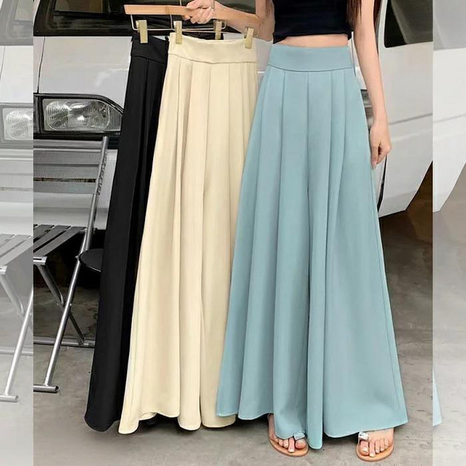 【shiny藍格子】素色高腰垂感打摺闊腿褲裙 S~2XL