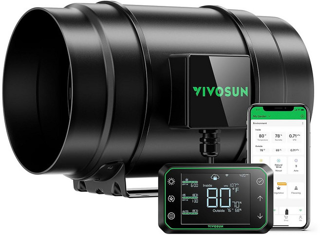 VIVOSUN 에어로제쉬 G8 인라인 덕트 팬 조용한 8인치 725 CFM 환기 배기 EC 모터 및 그로우허브 E42A 온도 습도 WiFi 컨트롤러 포함 난방 냉각 부스터, 기본, 8” & Smart Controller