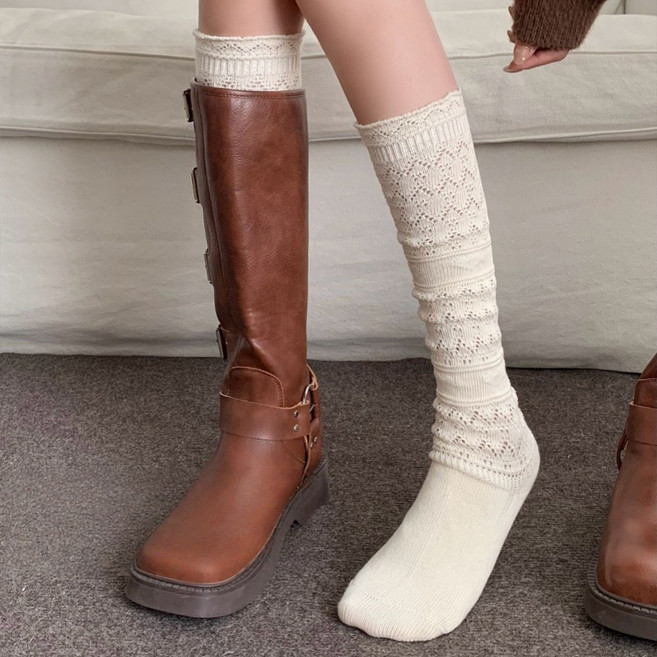 Banjiwu 여성 양말 무지 겨울 양말 중목 양말 장목 양말 보온 중목 양말 레이스 양말 슬림해 보이는 두발 양말 2족 세트