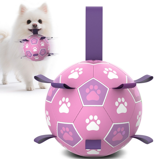 Qdan 강아지장난감 강아지공 개 축구공 끈 달린 펌프 포함, 1개, 연보라색