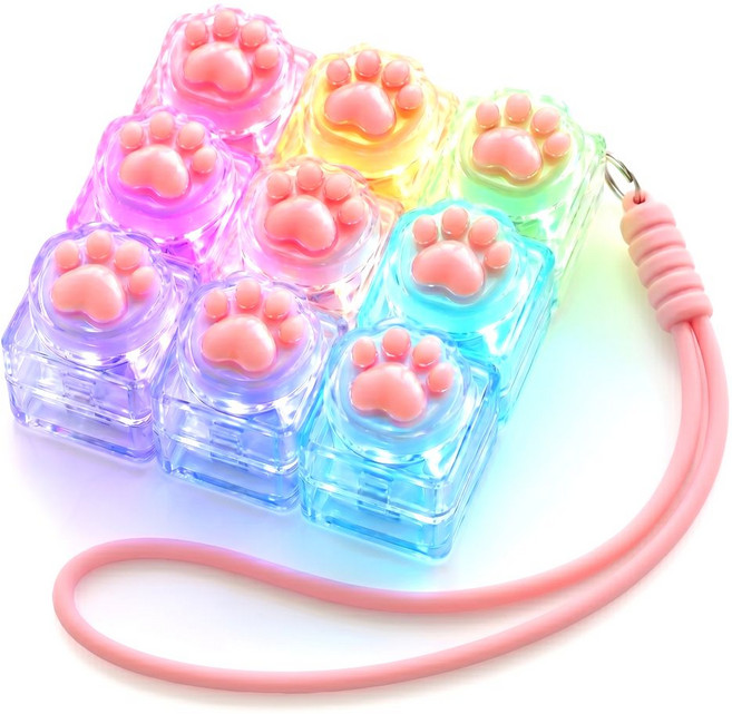 이지앤조이 LED 반짝반짝 고양이 발바닥 키캡 키링 9구 말랑말랑 키보드 스트레스 해소, 1개, LED투명핑크