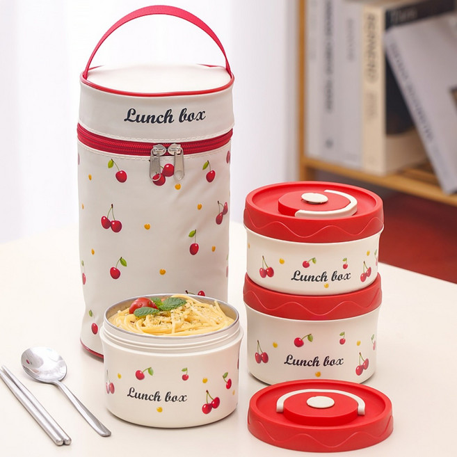 Majesun 304 휴대용 스테인리스 보온도시락통 전자레인지 적용 2단 3단 4단 휴대용가방 포함, 3개, 붉은색