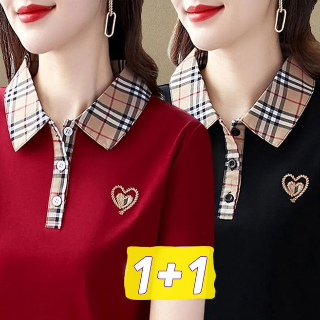 1+1 중년여성 반팔 카라 티셔츠 40대 체크 칼라 쿨링 티셔츠 여름 정장셔츠 남방