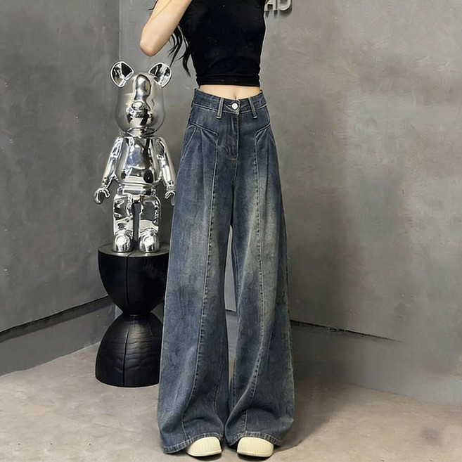 슬림소녀 여성 가을 겨울 캐주얼 와이드 하이웨스트 데님 팬츠 루즈핏 기모 청바지 B1