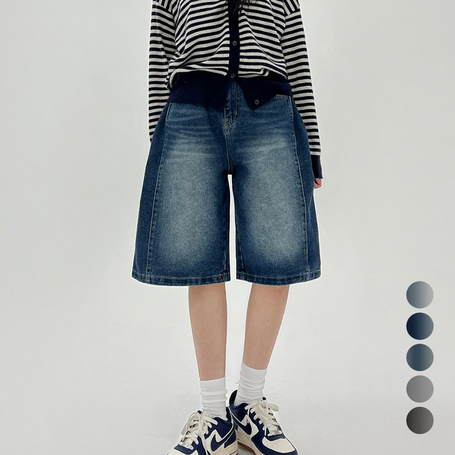 코모도 여성 청 반바지 5부 7부 절개 와이드 버뮤다 데님 반바지