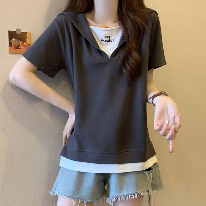 WANGBAIWAN 여성 페이크 투피스 반팔 티 간절기 날씬해 보이는 빅 카라넥 베이직 스판 티셔츠 S31213