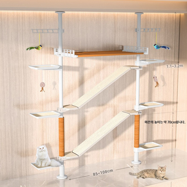 내핑하우스 캣폴 컴팩트F 뚱냥이 아이언 봉 튼튼 원목 캣타워 고양이 먼치킨 높이 조절가능, 1개, 화이트 2점프대 2팔+2사다리+해먹 높이 1.1~3.2