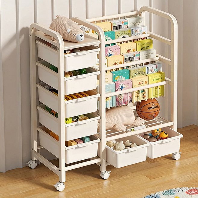 SeekFun 수납장 다용도 책꽂이 장난감 수납함 교구장 이동식 트롤리 대용량 정리함, 화이트