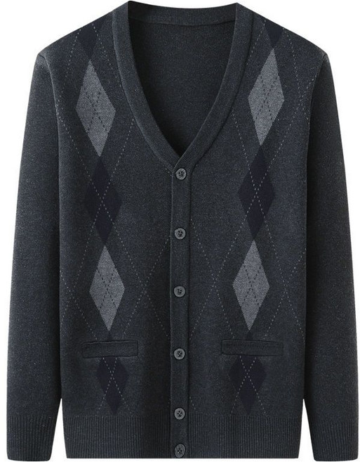 중년 남성 긴팔 니트 가디건 남성 아가일 V넥 단추 오픈 긴팔 울 가디건 가을겨울 클래식 스타일 LCL