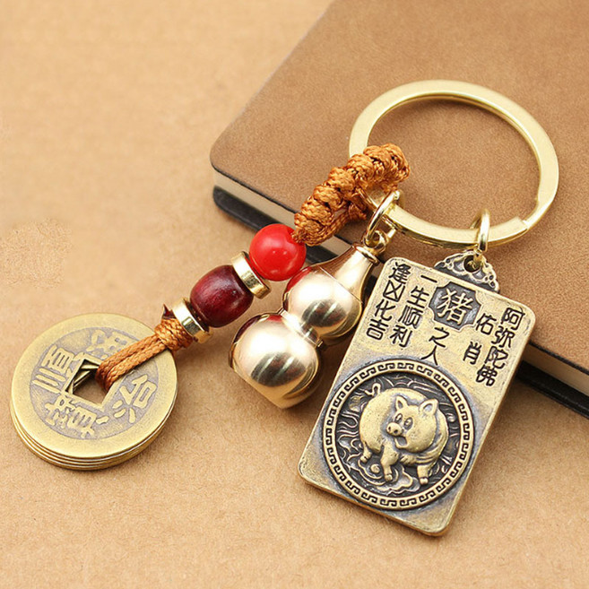 황동 엽전 호리병 동패 재물운 소원성취 키링 열쇠고리, 돼지띠, 1개