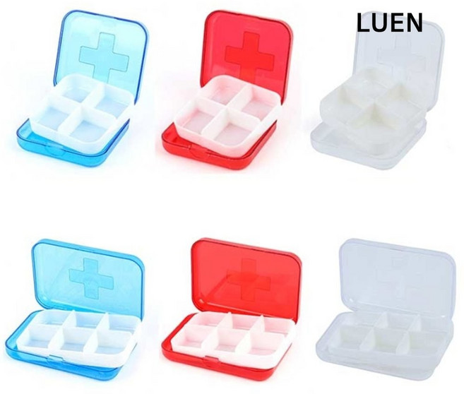 LUEN 케주론 알약 케이스-정사각형4칸 투명 컬러 여행용 휴대용 보관 정리 비타민 수납 미니 통 가정 매장, 1개, 레드
