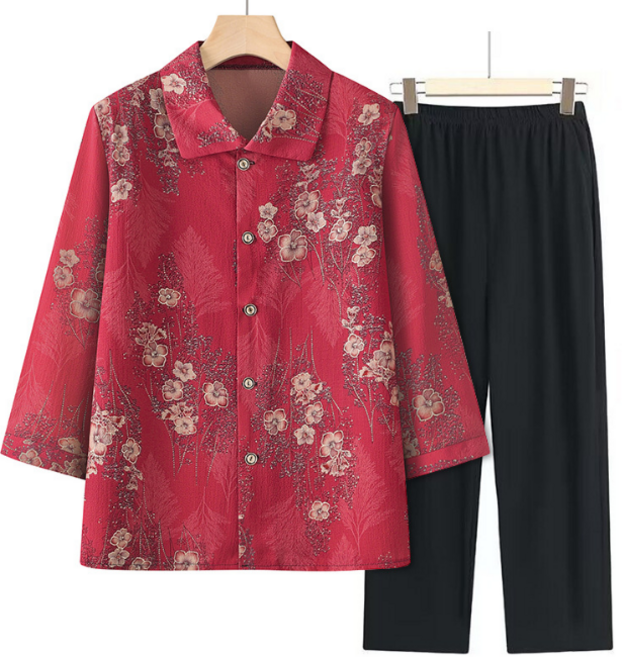 ALIPANG 알리팡 여성 투피스 복고풍 7부소매 할머니 중년여성 자켓 상의 루즈핏 캐쥬얼 바지세트