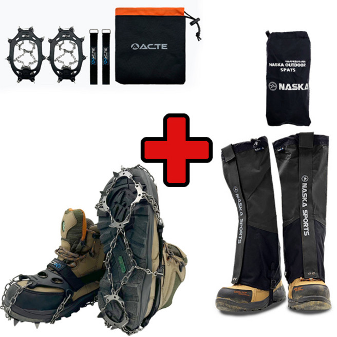 에이스샵_겨울 등산 아이젠+스패츠 1세트 / 남여공용 등산용 산행 각반 미끄럼방지, 체인아이젠13P(M네이비-파우치증정), 롱스패츠(검정-파우치증정)