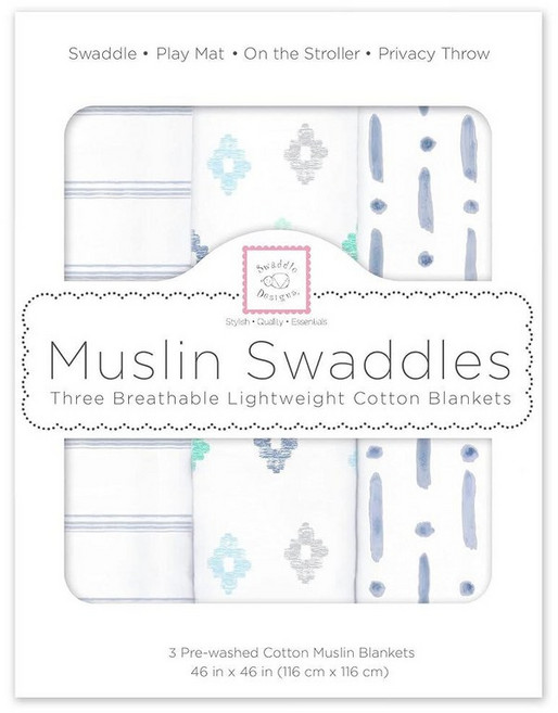 SwaddleDesigns 남아 및 여아용 면 모슬린 포대기 담요 신생아 베이비 레지스트리 및 선물을 위한 뉴트럴 속싸개 담요 116.8 x 116.8cm(46 x 46, 인디고 데님