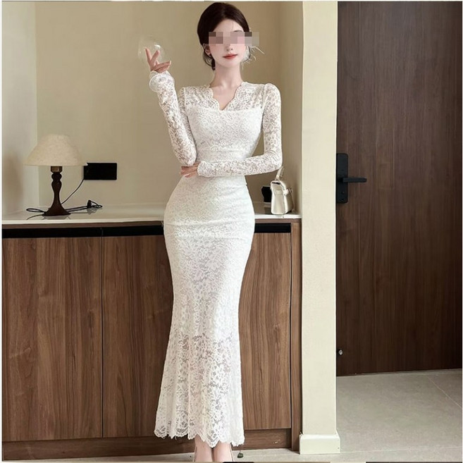 체인지쉬(change she)프렌치 섹시 드레스 V넥 레이스 슬림핏 긴팔 롱원피스