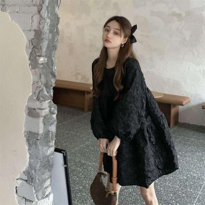 ZAJA 여성 봄여름 긴팔 원피스 루즈핏 블랙 데일리룩